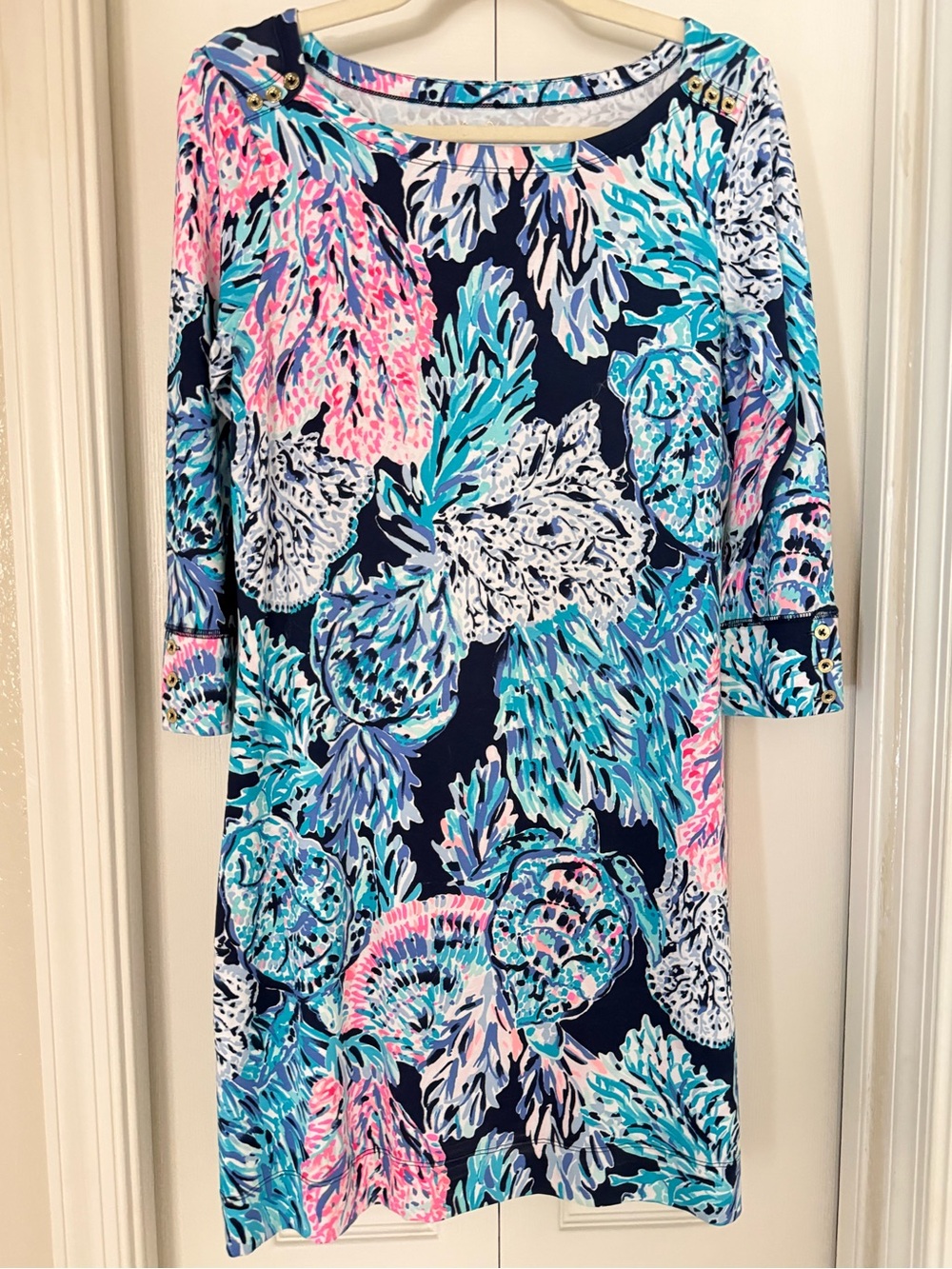 LIKE NEW Lilly Pulitzer Navy Floral Shift Dress with Pink, Navy & Aqua Accents